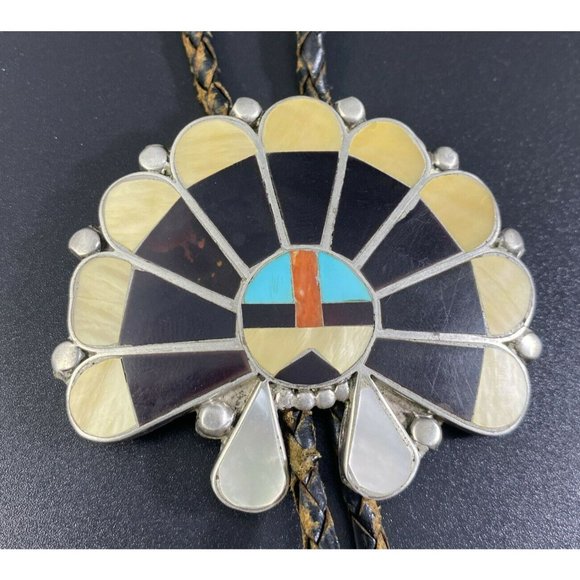 Old Pawn Zuni Sun Face Bolo Tie Inlay Sterling Bennett Patent Pending Clasp - Picture 2 of 8